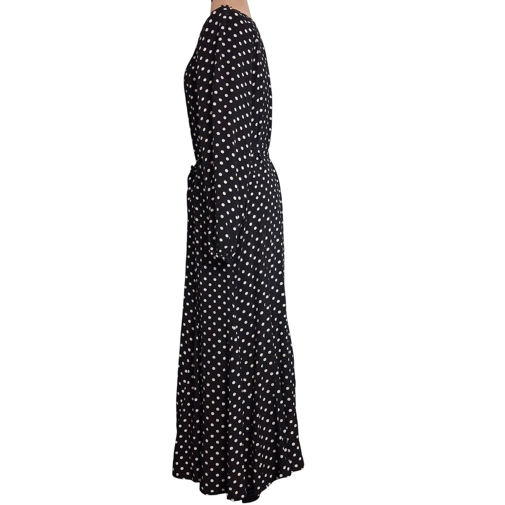 Loft Polka Dot Maxi Dress Black White Long Sleeve Button Front Waist Tie sz 8 - Picture 2 of 12
